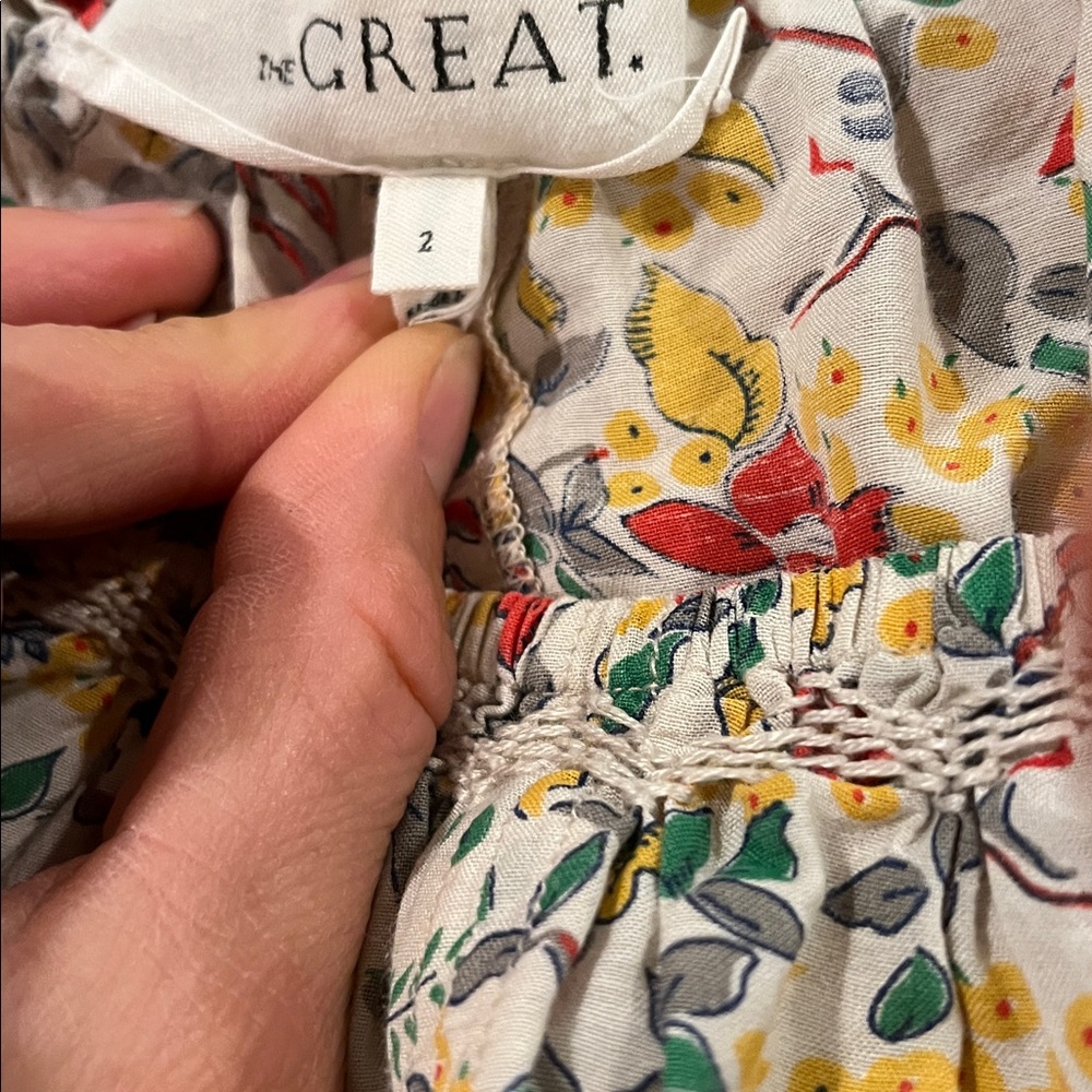 THE GREAT. Cream Yellow Green Floral Cotton Smock Long Sleeve Blouse 2 Medium - Picture 3 of 4